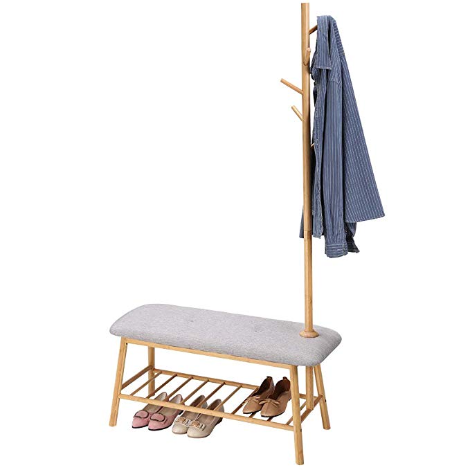 LANGRIA Bamboo Coat Rack with Soft Padded Shoe Bench Features Slatted Shelf and 5 Hooks for Jackets, Scarves, Hats, and Accessories Storage in Home Doorway and Office Entryway