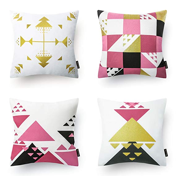 Phantoscope Set of 4 Pink and Gilding Gold Geometric 100% Cotton Throw Case Accent Pillow Cushion Cover 18" x 18" 45cm x 45cm