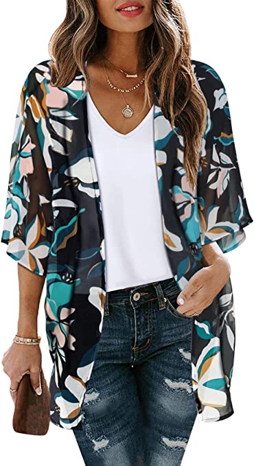 Women's Floral Print Puff Sleeve Kimono Cardigan Loose Cover Up Casual Blouse Tops