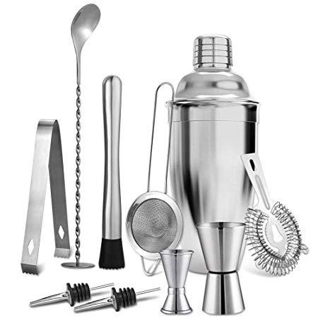 Elabo 25oz Stainless Steel Cocktail Shaker- Cobbler Shaker- 10 Pcs Bar Tools Bartender Set with Stirring Spoon, Muddler, 2 Measuring Jiggers, 2 Pourers, Strainer, Filter and Ice Tongs