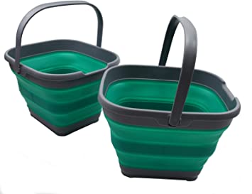 SAMMART 10L (2.6 Gallon) Set of 2 Collapsible Rectangular Handy Basket / Bucket (Dark Grey/Bluish-Green, 2)