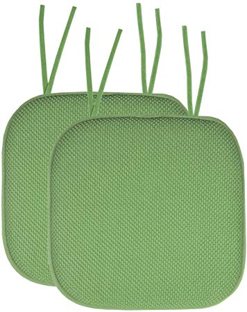 Sweet Home Collection Chair Cushion Memory Foam Pads with Ties Honeycomb Pattern Slip Non Skid Rubber Back Rounded Square 16" x 16" Seat Cover, 2 Pack, Green