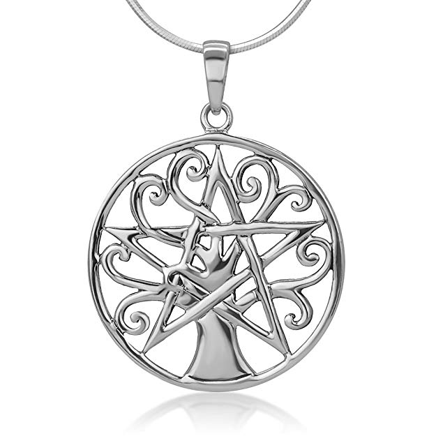 Chuvora 925 Sterling Silver Open Filigree Tree of Life Pentacle Pentagram Star Symbol Pendant Necklace 18"