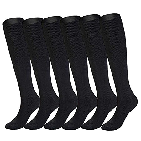 6 Pairs of Knee High Graduated Compression Socks For Women and Men - Best Medical, Nursing, Travel & Flight Socks - Running & Fitness - 15-20mmHg