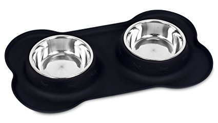 Internet's Best Bone Dog Bowl Set | Double Stainless Steel Pet Food Water Bowls | No Spill Silicone Stand