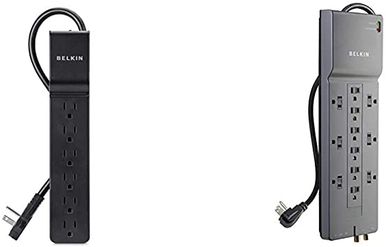 Belkin 6-Outlet Power Strip Surge Protector w/Flat Rotating Plug, 6ft Cord (600 Joules) & 12-Outlet Power Strip Surge Protector w/ 8ft Cord (3,940 Joules), Gray