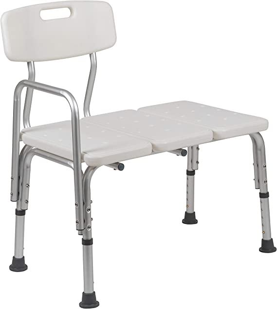 Flash Furniture Hercules Series 300 Lb. Capacity Adjustable White Bath & Shower Transfer Bench with Back and Side Arm