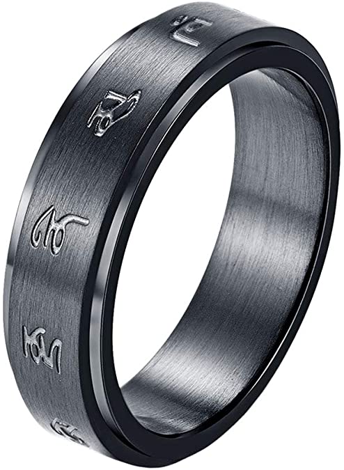 INRENG Men's Stainless Steel Tibetan Buddhist Black Mantra Spinner Lucky Ring 6MM
