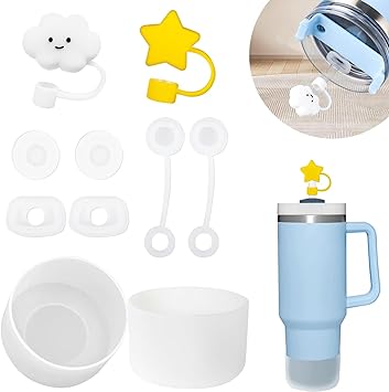 Mefaster Stanley Cup Accessories Set Includs 6 Pcs Silicone Spill Proof Stopper, 2 Pcs Straw Cover Cap for 9-10 mm Straw, 1 Pcs Silicone Boot for Stanley Cup Stanley 40oz & 30oz Tumbler (Transparent)