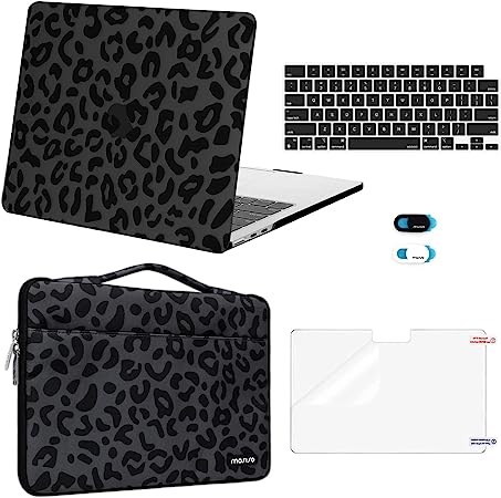 MOSISO Compatible with MacBook Air 13.6 inch Case 2022 2023 Release A2681 with M2 Chip, Plastic Leopard Grain Hard Shell Case&Carrying Sleeve Bag&Keyboard Cover&Webcam Cover&Screen Protector, Black