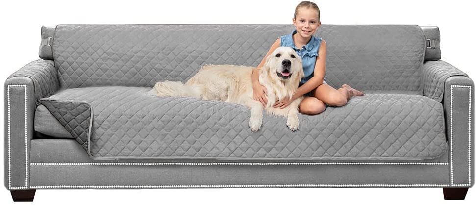 Sofa Shield Patented Slipcover, Reversible Tear Resistant Soft Quilted Microfiber, XXL 88” Seat Width, Durable Furniture Stain Protector with Straps, Washable Couch Cover for Dogs, Lt Gray Charcoal
