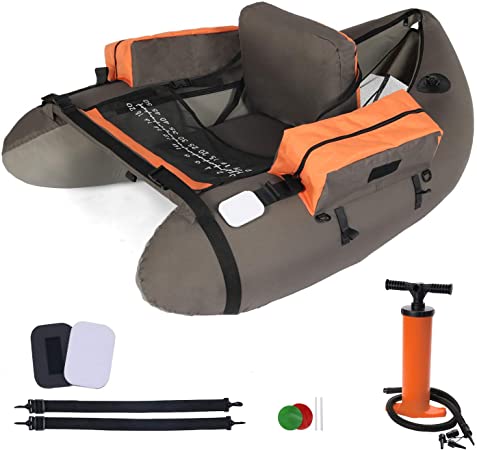 LAZZO Inflatable Fishing Float Tube with Hand Air Pump, Flotation Boat with Orange Storage Pockets, Inflatable Seat and backrest, Fish Ruler, Adjustable Straps, Bearing 286lbs, Gray