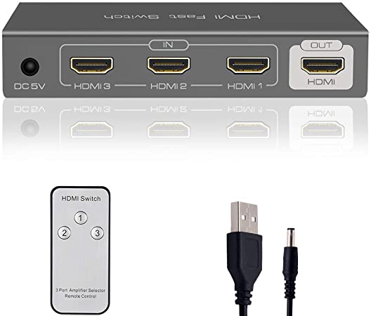 Amanka HDMI Switch 4K, 3 Ports 3x1 HDMI Switcher, Splitter, Supports 4K, Full HD1080p, 3D with IR Remote Control