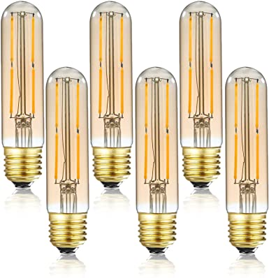LEOOLS T10 LED Bulbs 3500K Natural White, Amber Glass,4W Tubular Edison Light Bulbs, E26 Medium Base,40 Watt Equivalent, Dimmable Tube Vintage Led Bulbs, LED Filament Bulb for Desk Lamp,6-Pack.