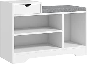 HOMCOM Shoe Storage Bench, Shoe Rack Bench with Seating Cushion, Drawer, 3 Open Compartments and Table Top for Entryway, Hallway, White