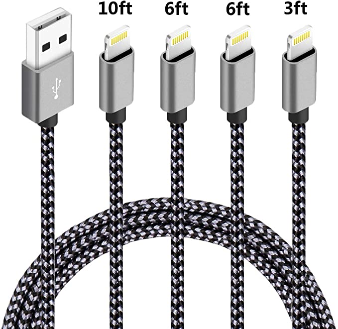 4 Pack(3ft,6ft,6ft,10ft),MFi Certified iPhone Charger Lightning Cable High Speed Nylon Braided USB Fast Charging&Data Syncs Cord Compatible iPhone 11 Pro Xs MAX XR 8 8 Plus 7 7 Plus 6s (GreyBlack)