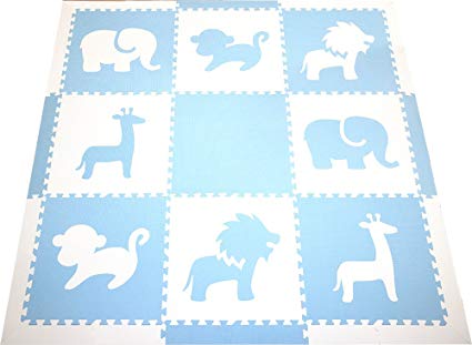 SoftTiles Interlocking Foam Playmat- Safari Animals Themed- Kids Playrooms and Baby Nursery- Thick Large 2' Floor Tiles- 6.5'x 6.5'(Light Blue, White) SCSAFWS