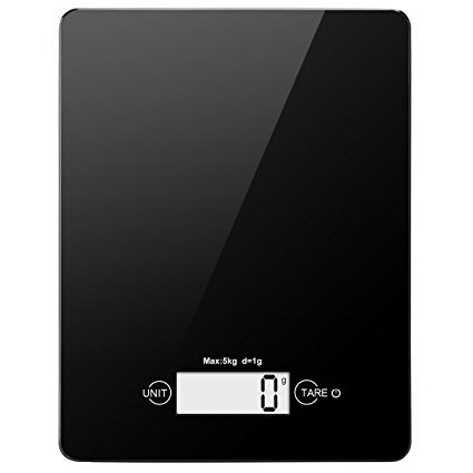 AMIR Digital Kitchen Scale, 11lb/ 5kg Electronic Food Scale, Tempered Glass Cooking scale with 4 Units, Large LCD Display, Auto Off, Tare Function, Touch Sensitive Button, Battery Included, Black