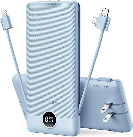 VEGER Portable Charger for iPhone Built in Cables Fast Charging USB C Slim 10000 Power Bank, Wall Plug USB Battery Pack for iPhones, iPad, Samsung More Phones Tablets (Blue)