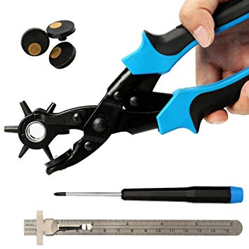Kingsdun Leather Hole Punch Tool for Belt,Watchband,Cardboard,Rubber, Paper or Plastic, Heavy Duty Rotary Hole Puncher Set with Brass Pads, Steel Ruler and Screwdriver, Multi Size of Round Holes