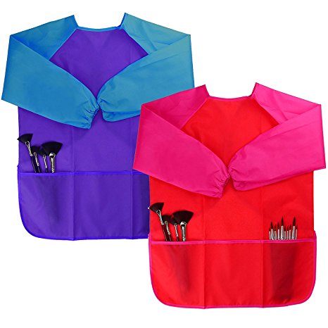 Dreampark 2 Pack Children Art Smock Kids Art Aprons with Waterproof Long Sleeve 3 Roomy Pockets , Ages 2-6 , Red and Blue (Paints and Brushes not included)