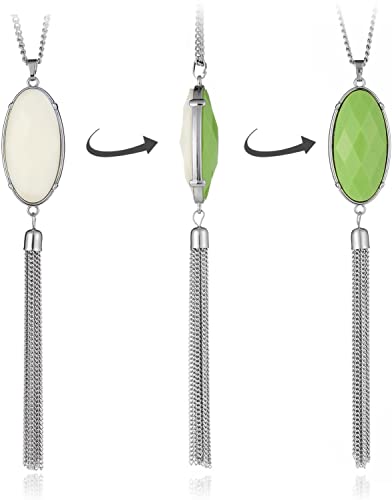 HUIMEI Long Tassel Pendant Necklace with Double Color Oval Shape Stone Reversible Pendant