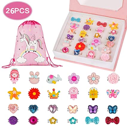 BAOQISHAN 26PCS Little Girl Lovely Jewel Rings in Box Unicorn Backpack Jewelry Set Adjustable No Duplication Girls Play Dress Up Pretend Play Dress Up Rings Party Favor(24Ring Backpack Gift Box)
