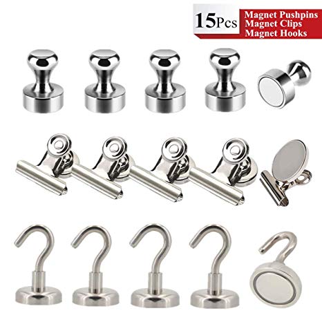 Refrigerator Magnets Kits - Aovon 15 Pack Durable Steel Neodymium Magnetic Push Pins/Magnetic Clips/Magnetic Hooks with Rust-Resistant Nickel Coating for Home and Office Use (5Pcs of Each Types)