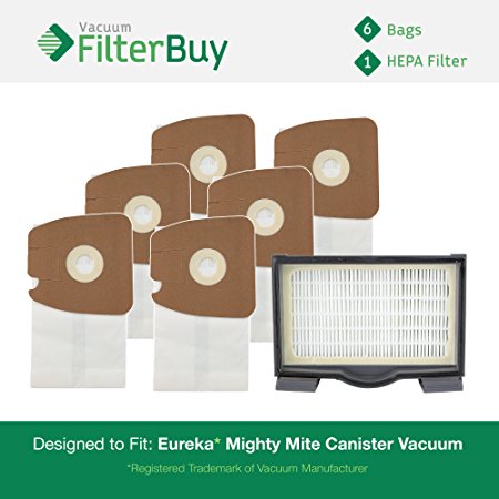 Eureka Mighty Mite Canister Vacuum Kit, 1 HF8 (HF-8) HEPA Filter & 6 Eureka Type MM High Efficiency Allergen Bags. Designed by FilterBuy to replace Eureka part #'s 60666, 60297A, 60295, 60296 & 60297.