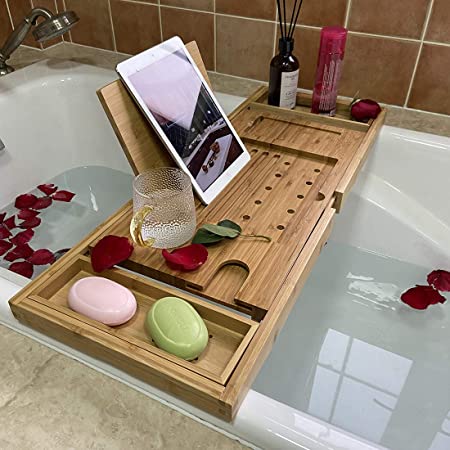 Simhoo Wide Bamboo Bath Caddy Tray Wooden Bathtub Adjustable Holder & Organizer for Glass/Soap/Notepad/Mobile/Bathroom Toiletries, Removable Boards with Non Slip Extendable Sides(Nature)