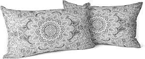 Boho Vintage Style Mandala Floral Throw Pillow Covers 12x20 Inch - Set of 2 Plush Cotton Soft Home Decor, Bedroom Bed Outdoor Grey Couch Sofa Pillow Covers