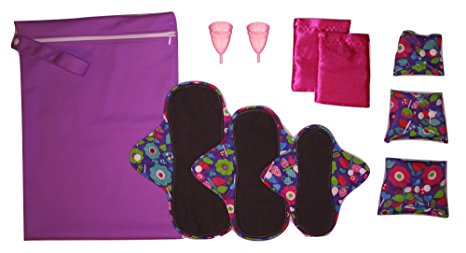 Complete Starter Kit with BPA/Dioxin Free Silicone Menstrual Cups, Cloth Pad Variety and Wet Bag