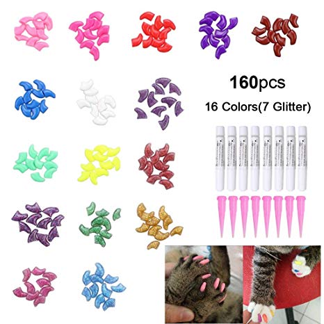 160Pcs Pet Nail Caps, OWUDE Soft Cat Paws Grooming Claws Control Covers, 9 Colorful Kitten Nails Caps   7 Glitter Colors   8Pcs Adhesive Glue   8Pcs Applicator with Instructions