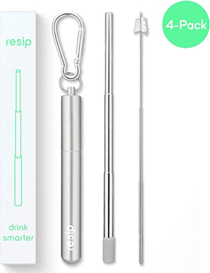 Portable Reusable Drinking Straws | Collapsible & Foldable Telescopic Stainless Steel Metal Straw Dispenser | Final Aluminum Case, Long Cleaning Brush, Silicone Tip | Silver | 4-Pack