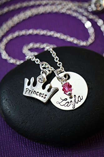 Personalized Princess Crown Jewelry – DII - Little Girls Gift – Handstamped Handmade Necklace – 5/8 Inch 15MM Disc – Custom Birthstone Color – Customize Name – Fast 1 Day Shipping