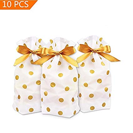 10PCS Treat Bags,4.6" X 6.7" Drawstring Candy Bags with Ties Favor for Bridal Wedding Baby Shower Birthday Party Festival Candy Cookies Buffet Gift Wrapping-Gold Polka Dot Print