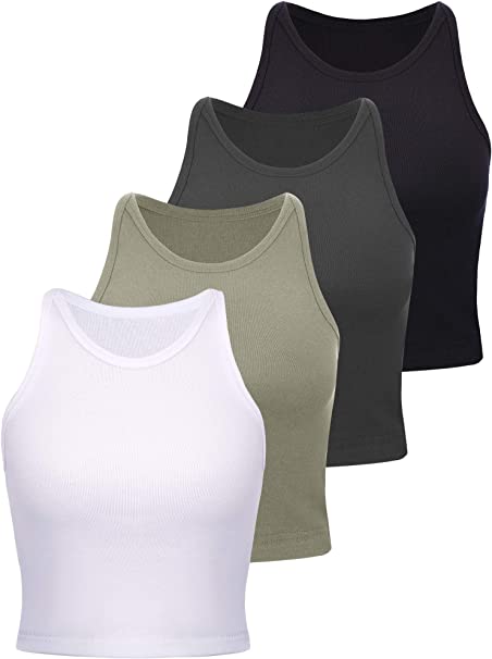 4 Pieces Basic Crop Tank Tops Women Sleeveless Racerback Crop Tops Cotton Sport Crop Tops for Lady Girls Daily Wearing