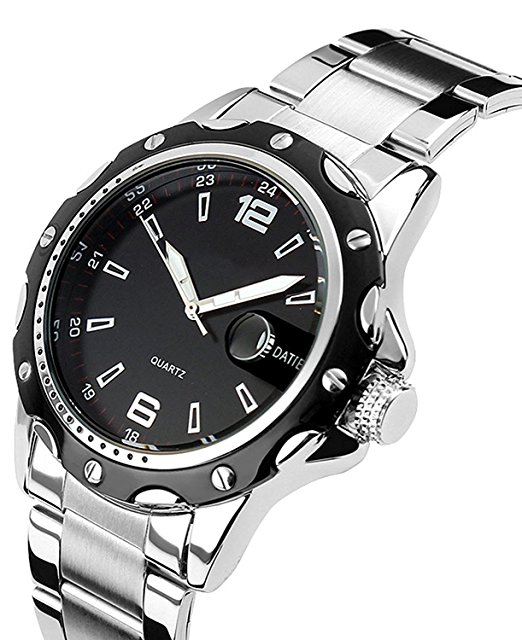 Men's Unique Analog Quartz Waterproof Business Casual Stainless Steel Band Wrist Watch Classic Design Calendar Date Wristwatch Black