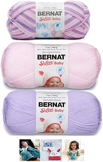 Bernat Softee Baby Acrylic Yarn 3 Pack Bundle Includes 3 Patterns DK Light Worsted #3 Pink Purple White (Spring Flowers Mix 2)