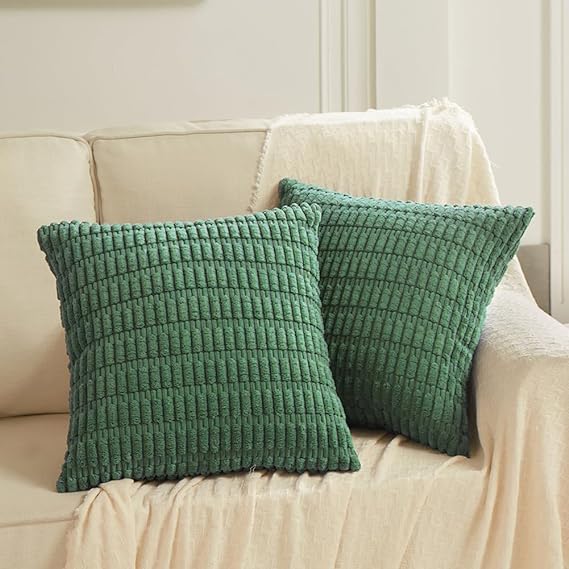 Fancy Homi 2 Packs Emerald Green Decorative Throw Pillow Covers 20x20 Inch for Living Room Couch Bed Sofa, Christmas Home Decor, Soft Striped Corduroy Square Cushion Case