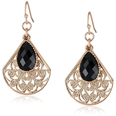 1928 Jewelry "Black and White" Gold-Tone Filigree Teardrop with Jet Pear Shape Overlay Earrings