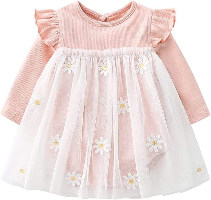 Vivobiniya Toddler Girl Ruffle Daisy Tulle Bodysuit Dress Baby Girl Romper Long Short Sleeve Clothes
