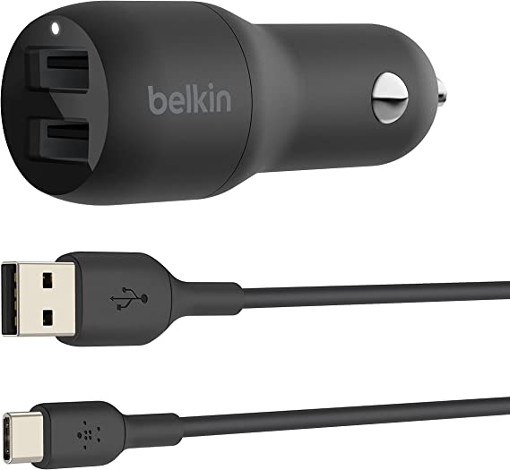 Belkin Dual USB Car Charger 24W   USB-C Cable (Boost Charge Dual Port Car Charger, 2-Port USB Car Charger) Nintendo Switch Car Charger, iPad Pro Car Charger