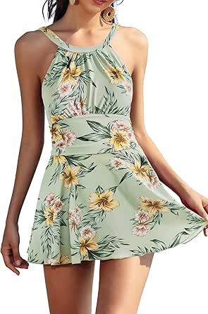 SHEKINI Womens Elegant One Piece Swimdress High Neck Swim Dress Ruched Swim Skirt