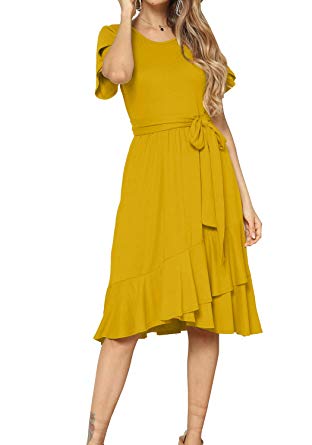 levaca Women's Plain Casual Flowy Short Sleeve Midi Dress with Belt