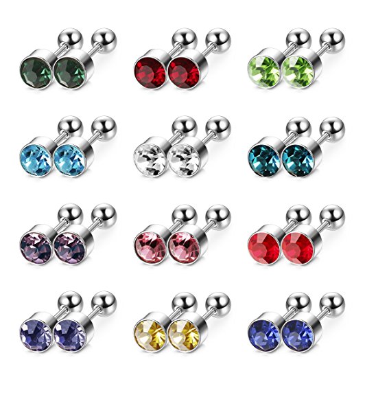 LOYALLOOK 12pairs Crystal Stainless Steel Stud Earrings Piercing Barbell Studs Cartilage Helix Ear Piercing