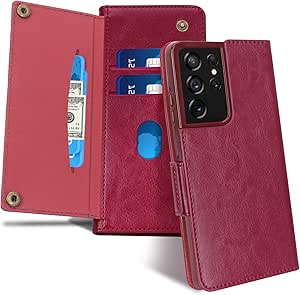 FYY Case for Samsung Galaxy S21 Ultra 5G 6.8”, [Magnetic Closure] Luxury Leather Wallet Case Flip Folio Cover with [Front Card Slots] for Galaxy S21 Ultra 5G Wine Red