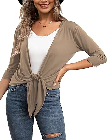 VOIANLIMO Women's Tie Front Casual 3/4 Sleeve Cropped Bolero Lightweight Sheer Shrug Cardigans S-XL