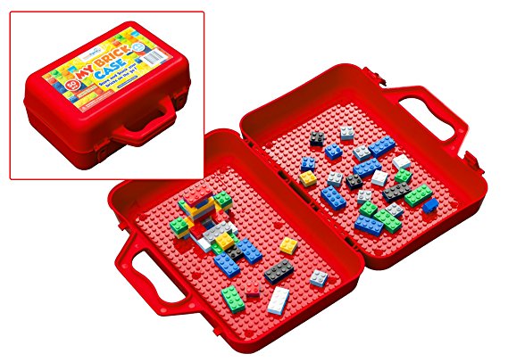 ModFamily My Brick Case: Portable Storage For Kids Building Bricks With Play Surface For Storing And Building Bricks On-The-Go (Red)