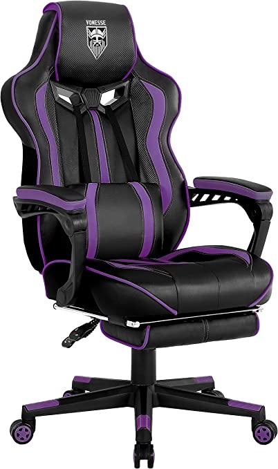 Vonesse Purple Gaming Chair with Footrest Reclining Computer Gaming Chair High Back Gamer Chair with Massage Ergonomic PC PU Leather Racing Gaming Chair Big and Tall Gaming Chairs for Adults Swivel